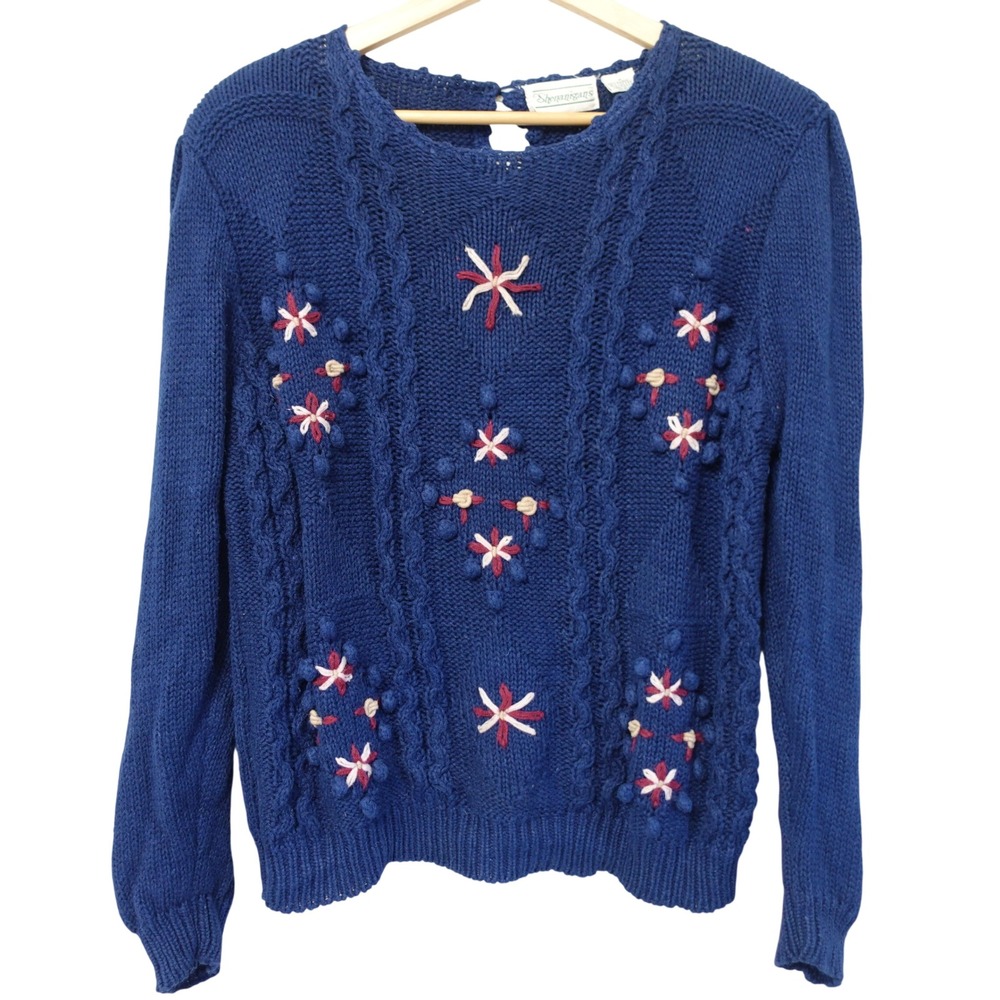 Vintage Blue Embroidered Popcorn Cable Knit Sweater Womens Small Cottage‎ Granny